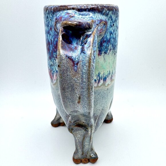Art Pottery Blue Drip Glaze Coffee Mug Thumb Rest Unique Animal-Like Footed Base - Picture 7 of 8